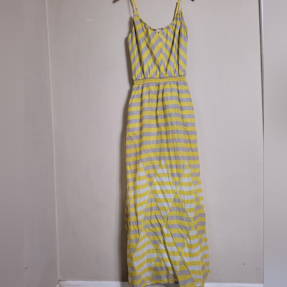 Anthropologie Lilka Yellow and Gray Striped Maxi Dress Medium